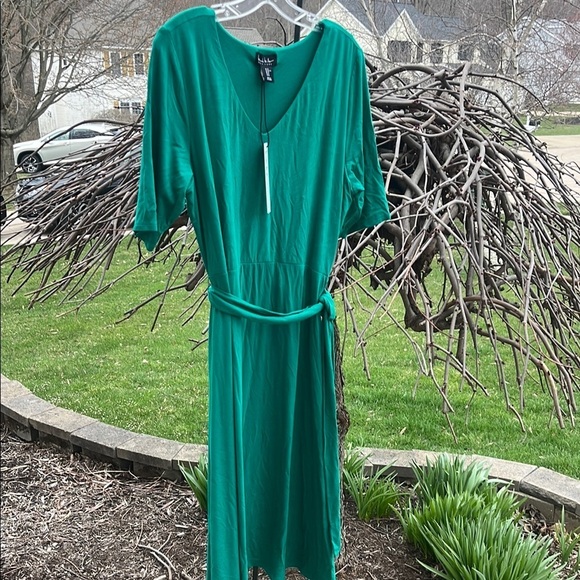 Nicole Miller v neck 3/4 sleeve belted maxi spring dress grass green size XL NWT - Picture 5 of 17